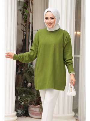 Fitilli Fıstık Yeşili Triko Kazak Tunik