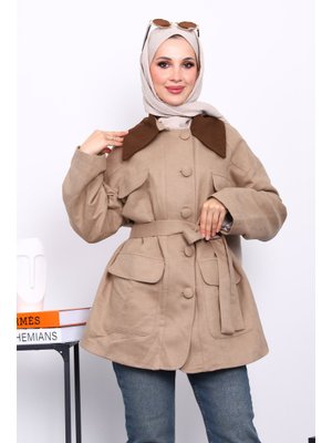 Vizon Yaka Garnili Cepli Kuşaklı Trençkot