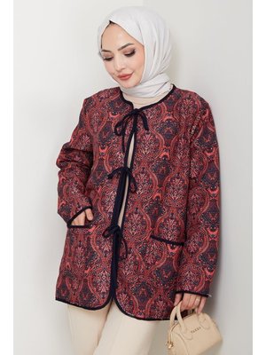 Bordo Etnik Desen Bağlamalı Kapitone Ceket