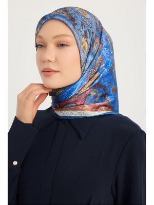 90x90 Cm Altın Bahçe İndigo Aurora Desenli Janjan Eşarp