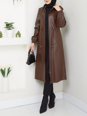 Kahve Kapüşonlu Cepli Beli Bağcıklı Kolu Lastikli Deri Kap