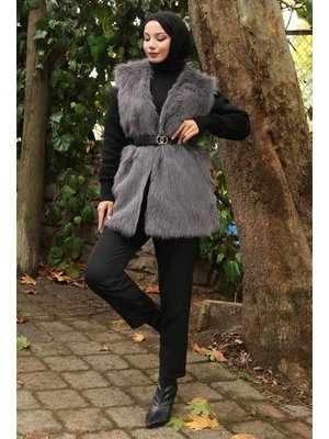 Gri Kemerli Kürklü Yelek