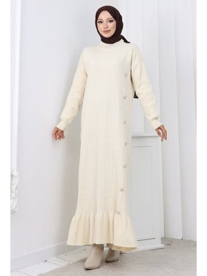 Taş Rengi Yan Düğmeli Fırfırlı Elbise Taş Rengi Yan Düğmeli Fırfırlı Elbise