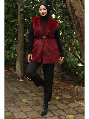 Bordo Kemerli Kürklü Yelek