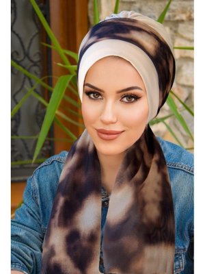 Kemik Kahve Batik Desen Fularlı Bone