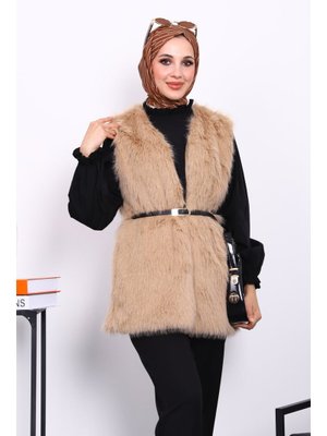 Bisküvi Kemerli Astarlı Kürk Yelek