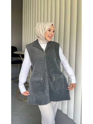 Füme Önü Fermuarlı Torba Cepli Sakallı Yelek