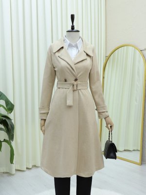 Bej Beli Kemerli Cepli Süet Kap