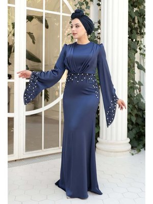 Taş İşlemeli Lacivert Saten Abiye Elbise 5337l