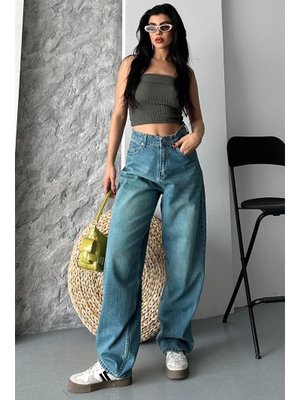 Yeşil Tint Yıkama Taş Bıyık Baggy Kot Pantolon Yikama