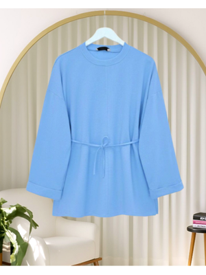 Mavi Kolu Katlı Beli Bağlamalı Yırtmaçlı Kompakt Penye Tunik