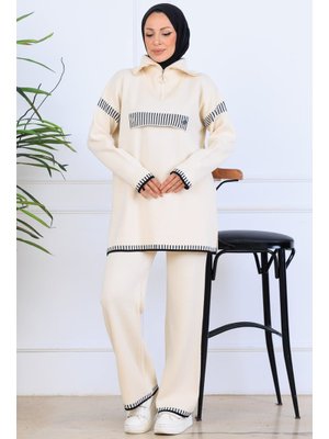 Taş Rengi Yakası Fermuarlı Triko Takım