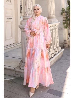 Pembe Desenli Uzun Elbise Pembe Desenli Uzun Elbise