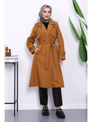 Taba Kravuze Yaka Bel Kemerli Düğmeli Trençkot Taba Kravuze Yaka Bel Kemerli Düğmeli Trençkot