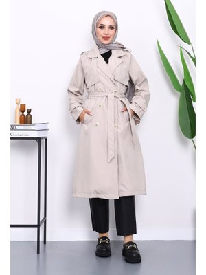 Taş Kravuze Yaka Bel Kemerli Düğmeli Trençkot Taş Kravuze Yaka Bel Kemerli Düğmeli Trençkot
