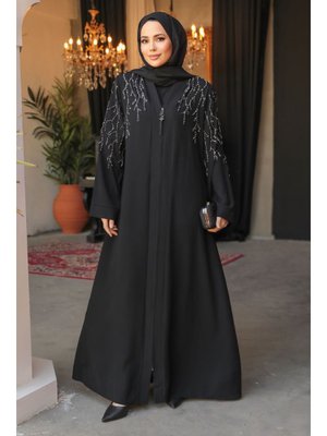 Boncuk İşlemeli Siyah Abaya 29110s