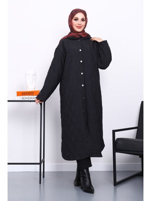 Siyah Kapitone Kapüşonlu Kap