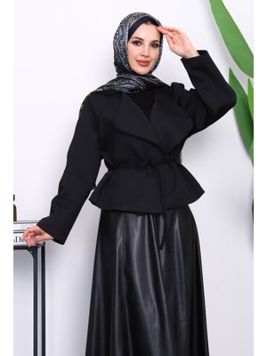 Siyah Şal Yaka Scuba Puf Kısa Ceket