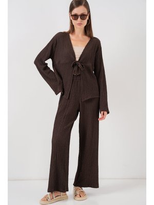 Kahverengi Örme Bluz Pantolon İkili Takım