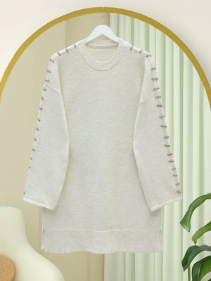 Krem Kolları İpli Çizgili Yumoş Triko Tunik