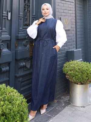 Lacivert Poplin Garnili Kot Elbise