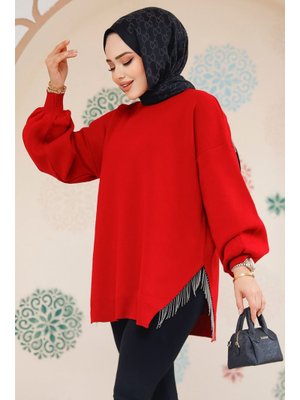 Zincir Detaylı Kırmızı Kazak Tunik 17202k Zincir Detaylı Kırmızı Kazak Tunik 17202k
