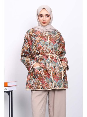 Krem Desenli Çıtçıtlı Ceket