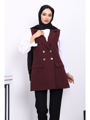 Mürdüm Düğmeli Cepli Yelek