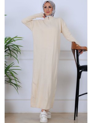 Krem Fitilli Triko Elbise