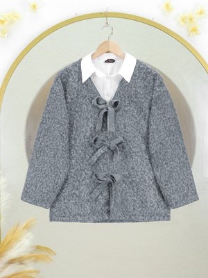 Gri Önü Bağlamalı Kırçıllı Kaşe Ceket