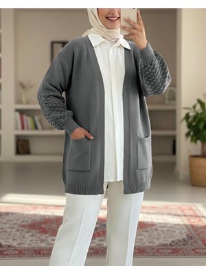 Füme Çift Cepli Kolu Ponponlu Triko Hırka