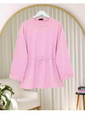 Pembe Kolu Katlı Beli Bağlamalı Yırtmaçlı Penye Tunik