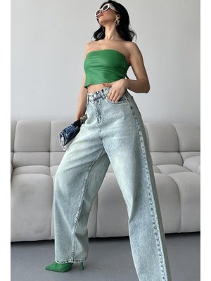 Yeşil Tint Yıkama Bıyık Baggy Kot Pantolon Yikama