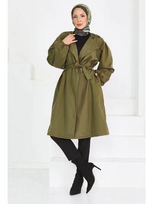 Haki Kuşaklı Kolu Lastikli Miranda Trençkot