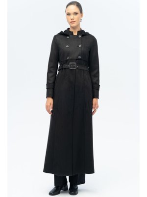 Siyah Kapüşonlu Garni Detaylı Süet Görünümlü Pardesü