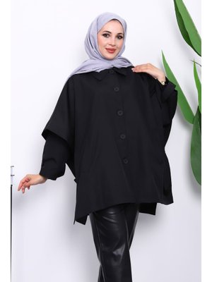 Siyah Oversize Düğmeli Panço Trenç