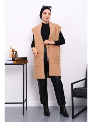 Bisküvi Ön Bağlamalı Cepli Angora Yumoş Yelek