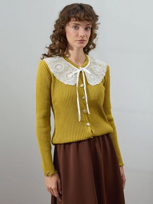 Yağ Yeşili Beyaz Yakalı Triko Hırka