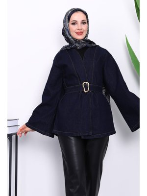 Lacivert Geniş Kol Kemerli Kot Ceket Lacivert Geniş Kol Kemerli Kot Ceket