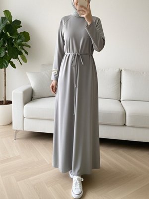 Gri Yuvarlak Yaka Beli Bağlamalı Oysho Elbise