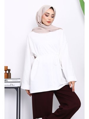 Ekru Yanları Yırtmaçlı Bel İpli Tunik Ekru Yanları Yırtmaçlı Bel İpli Tunik