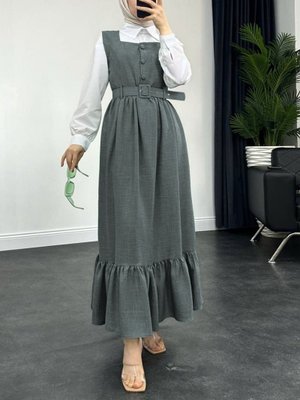 Füme Top Düğmeli Altı Fırfırlı Beli Kemerli Jile Elbise Füme Top Düğmeli Altı Fırfırlı Beli Kemerli Jile Elbise