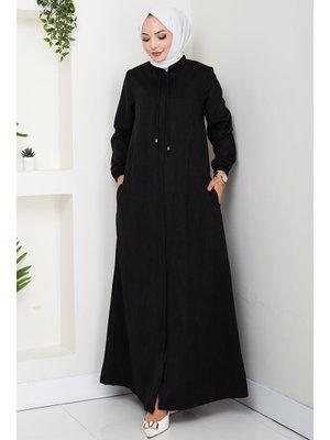 Siyah Gizli Fermuarlı Süet Ferace