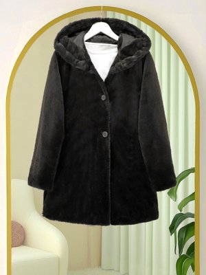 Siyah Kapüşonlu Önü Düğmeli Astarlı Peluş Kaban