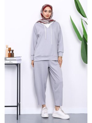 Gri Kapüşonlu Tunik Pantolonlu Takım Gri Kapüşonlu Tunik Pantolonlu Takım