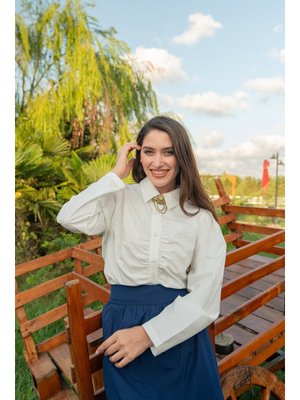 Beyaz Büzgü Detay Poplin Gömlek