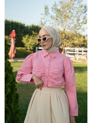 Pembe Büzgü Detay Poplin Gömlek