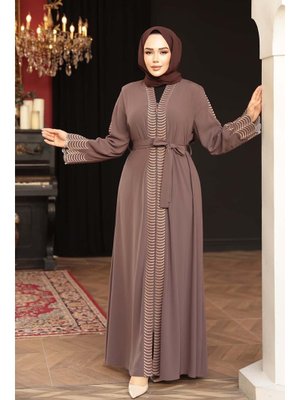 Nakış İşlemeli Kahverengi Abaya 29114kh