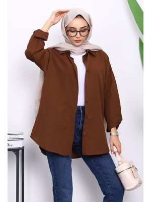 Kahverengi Düğmeli Salaş Terikoton Gömlek Kahverengi Düğmeli Salaş Terikoton Gömlek