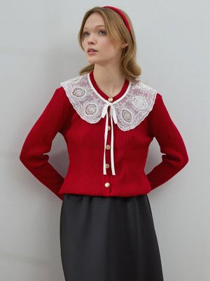 Kırmızı Beyaz Yakalı Triko Hırka